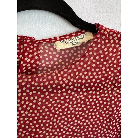 Vintage Giorgio Armani Silk Polka Dot Blouse Red White Sheer Button Back Italy - Picture 3 of 5